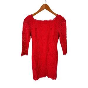 ADRIANNA PAPELL Red Lace 3/4 Sleeve Dress // 4 Petite